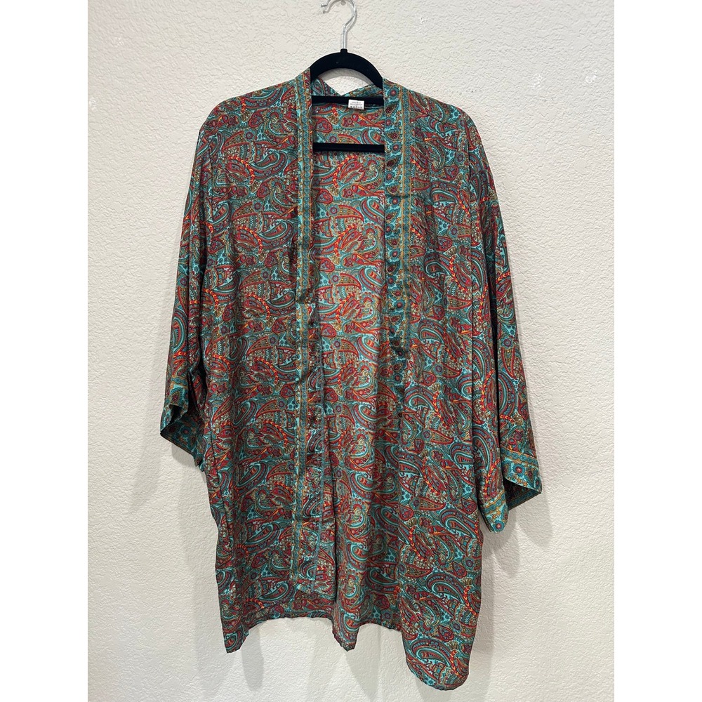 Silk Blend Paisley Kimono Robe Teal Orange Boho Open Front Duster Made in India